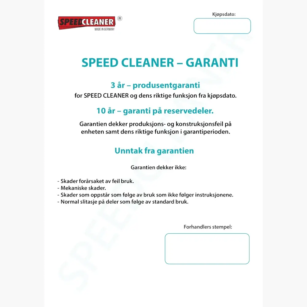 Speed Cleaner vindusvasker garanti